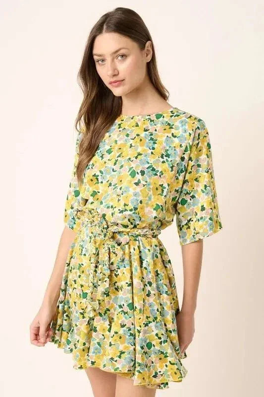 Mittoshop Floral Tie Waist Half Sleeve Mini Dress - VILLA FASHION